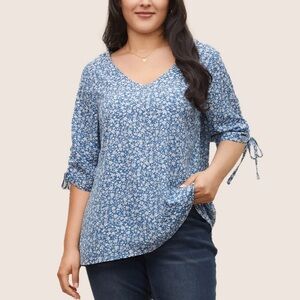 BloomChic Plus Size 5XL Ditsy Floral Knot Ties Sleeve Blouse us28